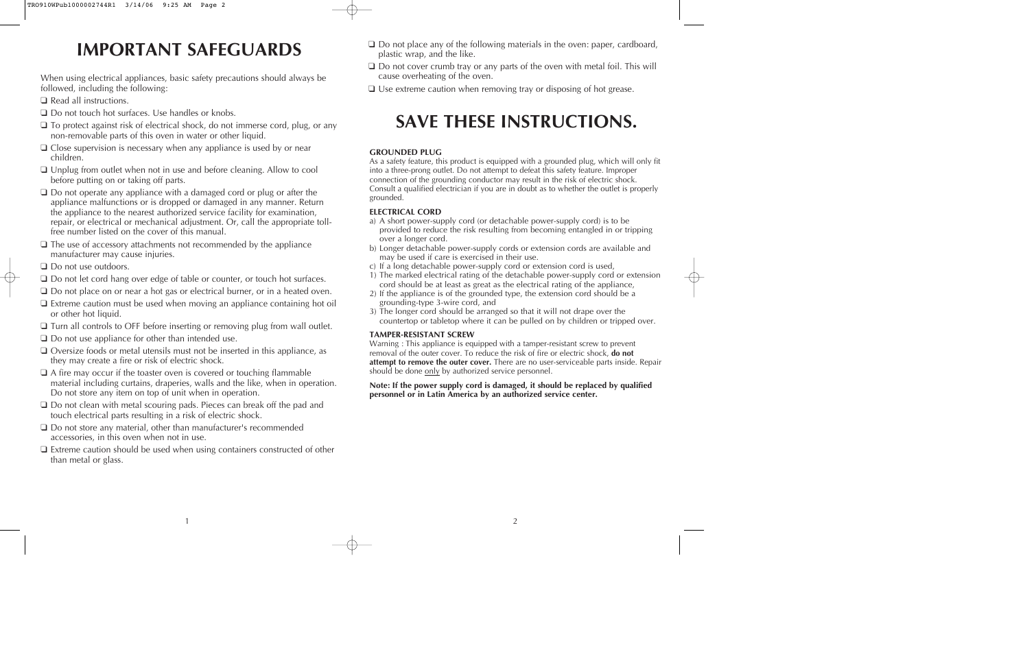 Important safeguards save these instructions | Black & Decker TRO910W User Manual | Page 2 / 15