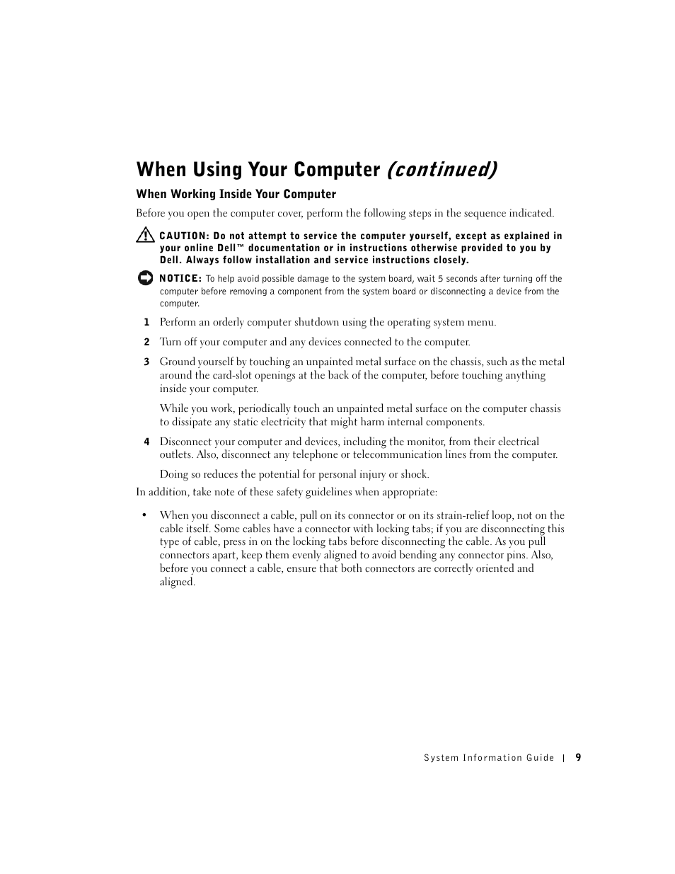 When working inside your computer, When using your computer (continued) | Dell Precision 350 User Manual | Page 10 / 62