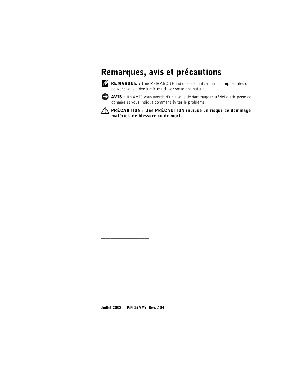 Remarques, avis et précautions | Dell Precision 350 User Manual | Page 15 / 62