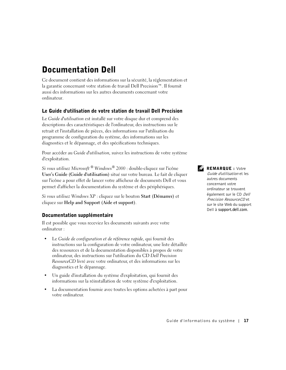 Documentation dell, Documentation supplémentaire | Dell Precision 350 User Manual | Page 18 / 62