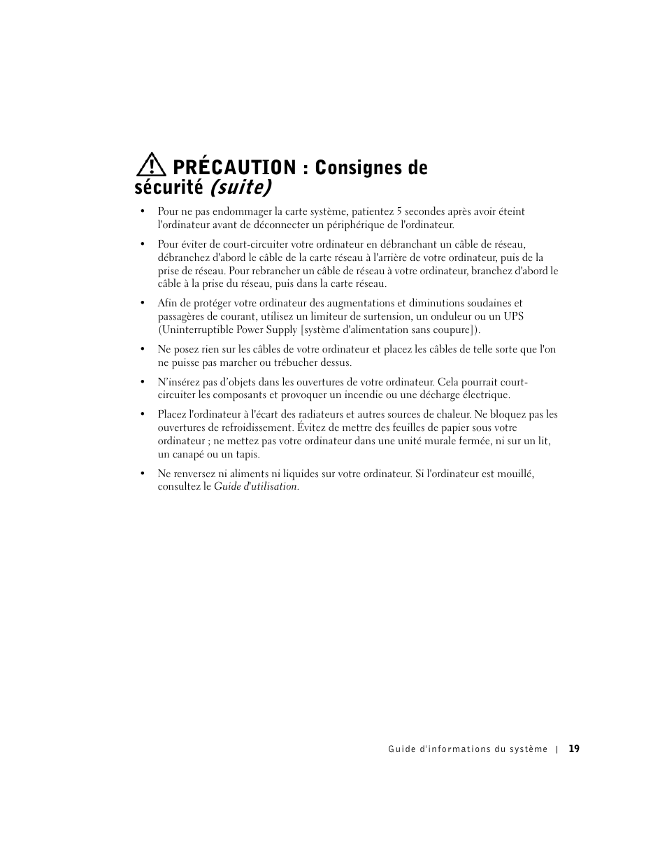 Précaution : consignes de sécurité (suite) | Dell Precision 350 User Manual | Page 20 / 62