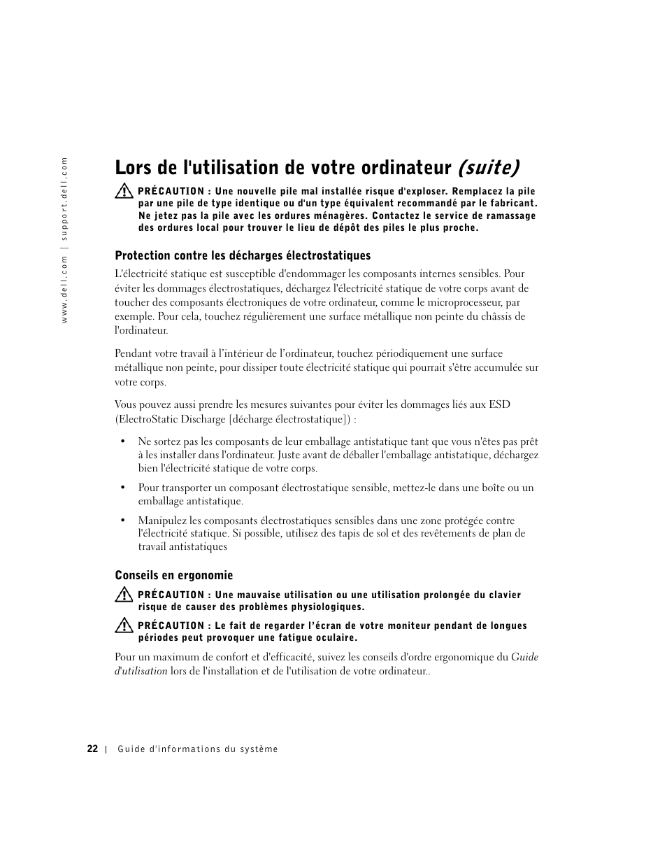 Protection contre les décharges électrostatiques, Conseils en ergonomie, Lors de l'utilisation de votre ordinateur (suite) | Dell Precision 350 User Manual | Page 23 / 62