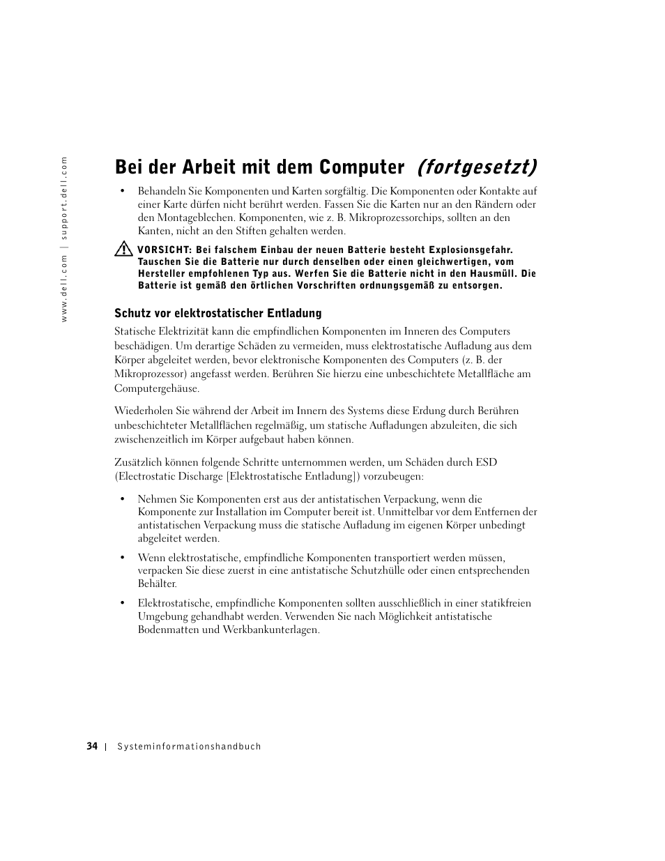Schutz vor elektrostatischer entladung, Bei der arbeit mit dem computer (fortgesetzt) | Dell Precision 350 User Manual | Page 35 / 62
