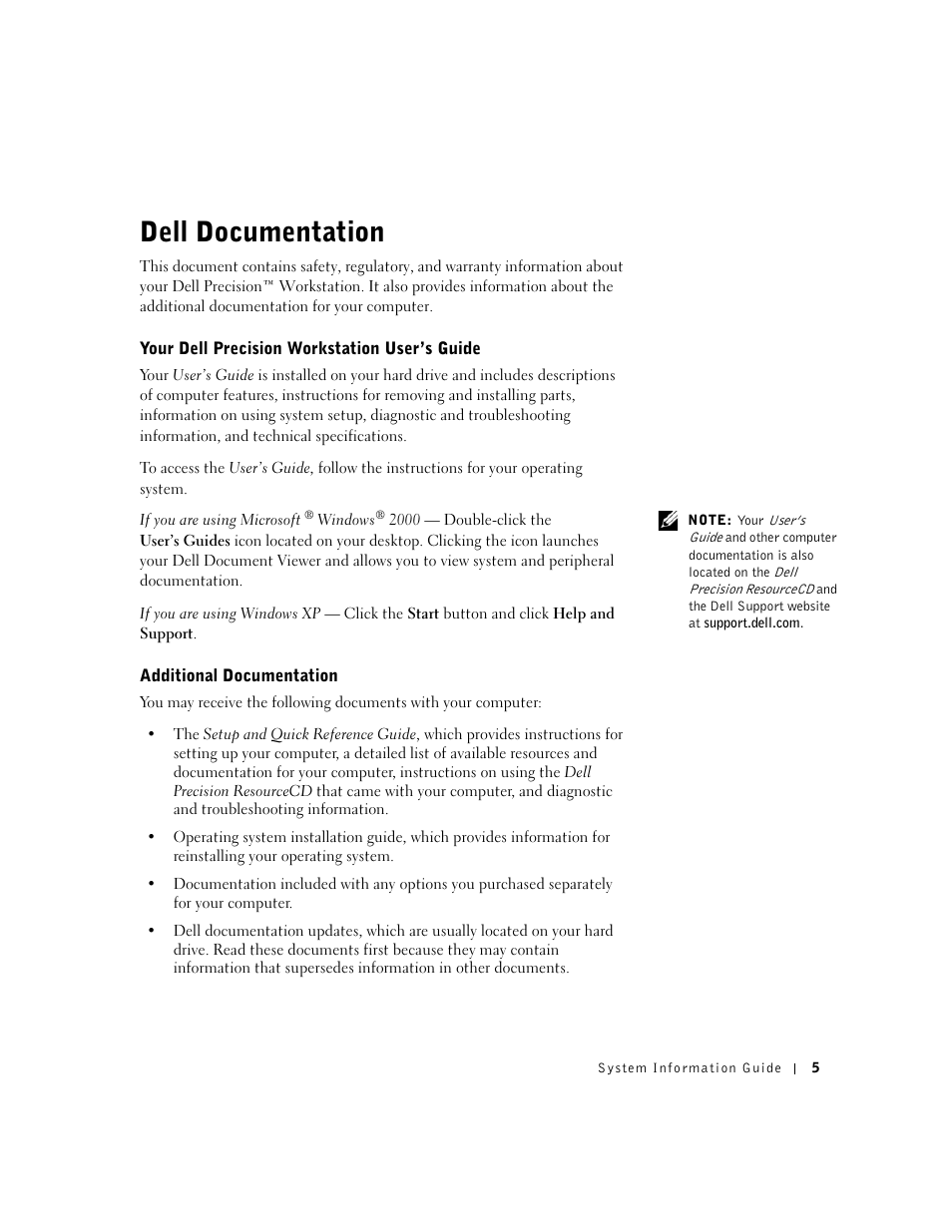 Dell documentation, Your dell precision workstation user’s guide, Additional documentation | Dell Precision 350 User Manual | Page 6 / 62
