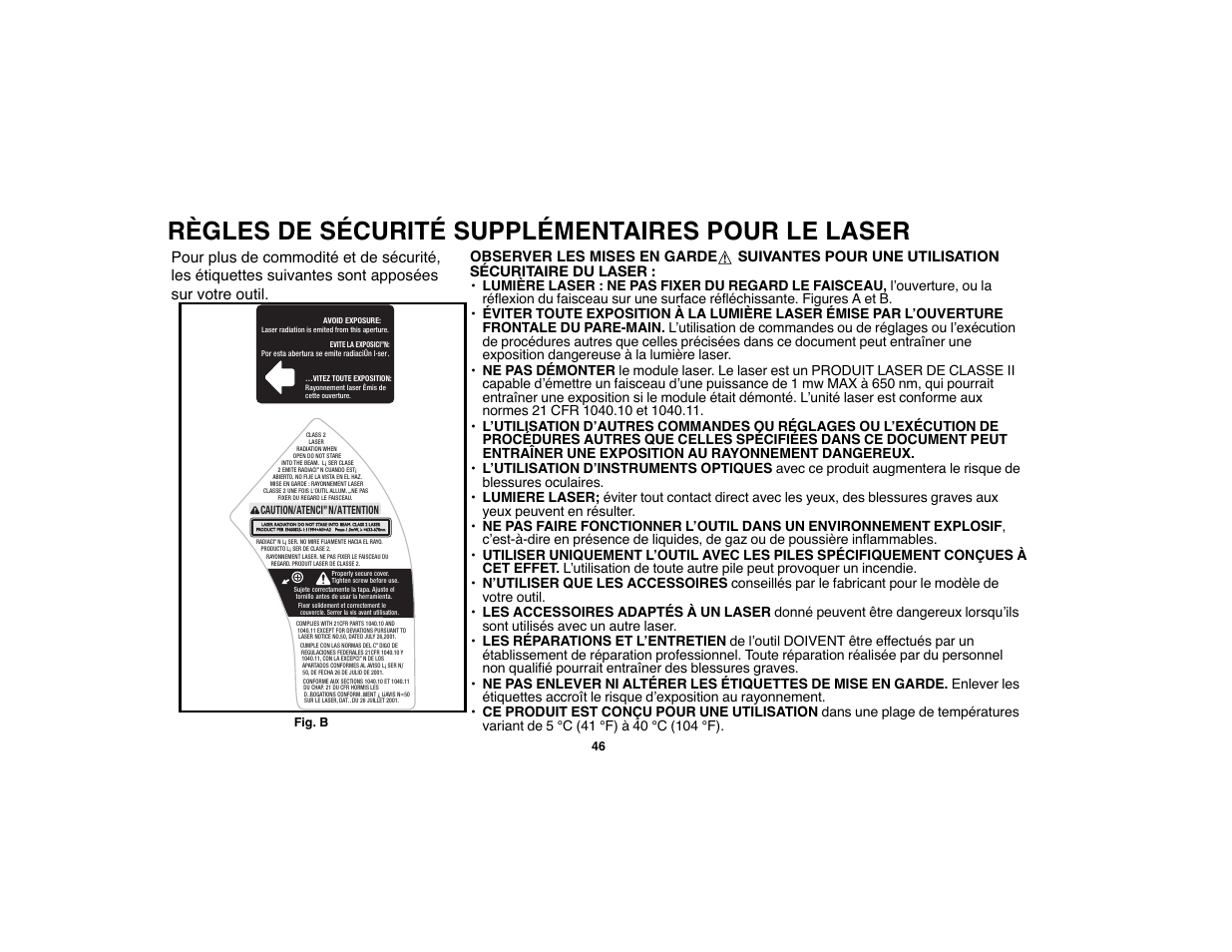 Règles de sécurité supplémentaires pour le laser | Black & Decker 90528012 User Manual | Page 46 / 88