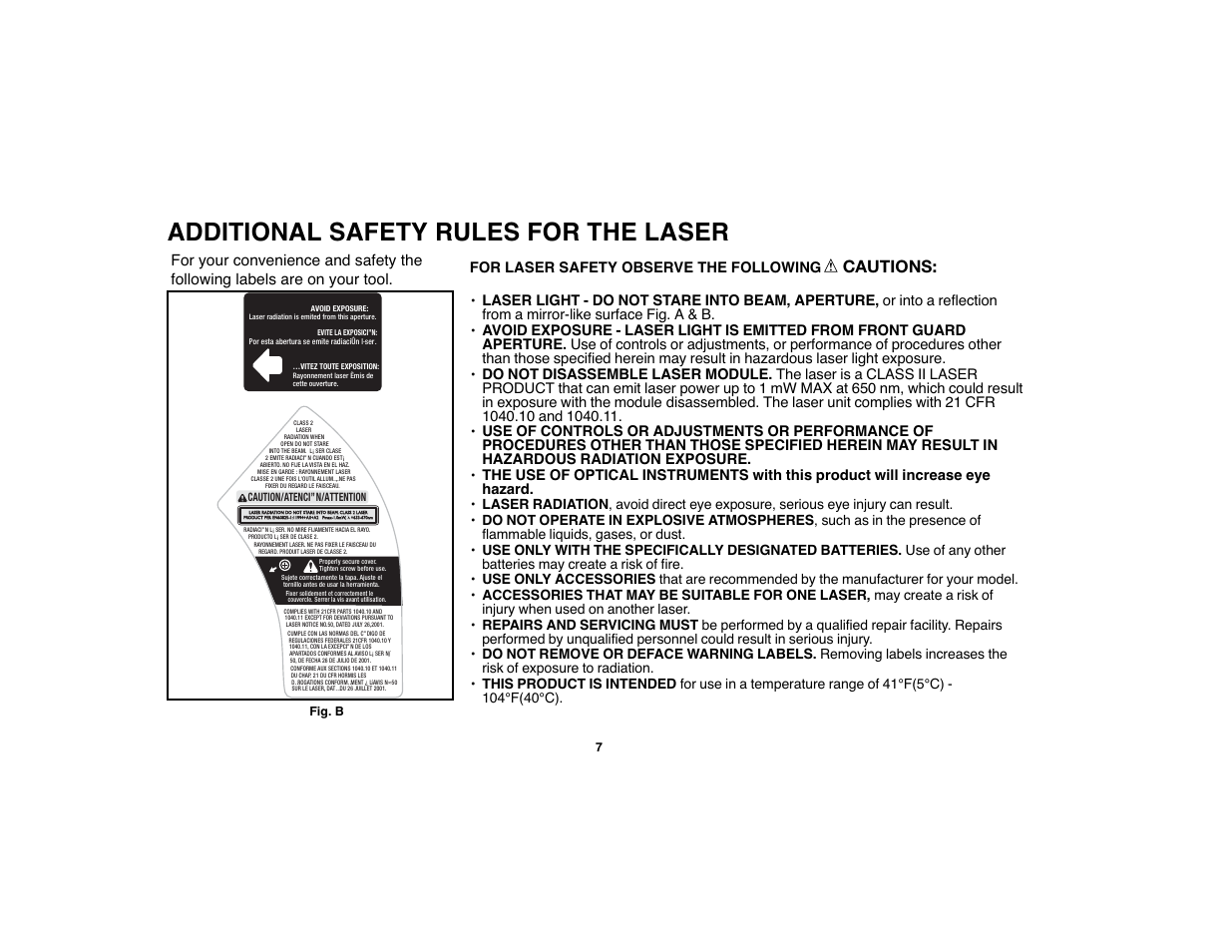 Additional safety rules for the laser, Cautions, For laser safety observe the following | Black & Decker 90528012 User Manual | Page 7 / 88
