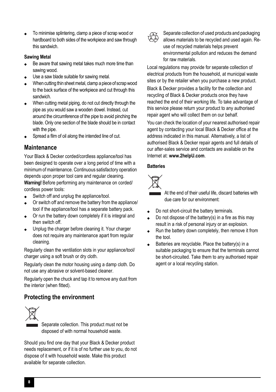 Maintenance, Protecting the environment | Black & Decker CHS6000-JP01 User Manual | Page 8 / 12