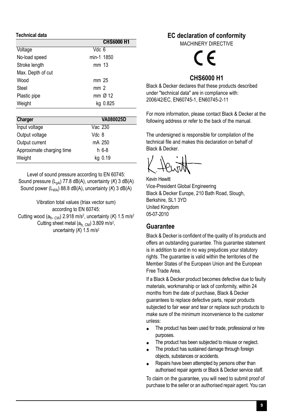 Ec declaration of conformity, Guarantee | Black & Decker CHS6000-JP01 User Manual | Page 9 / 12