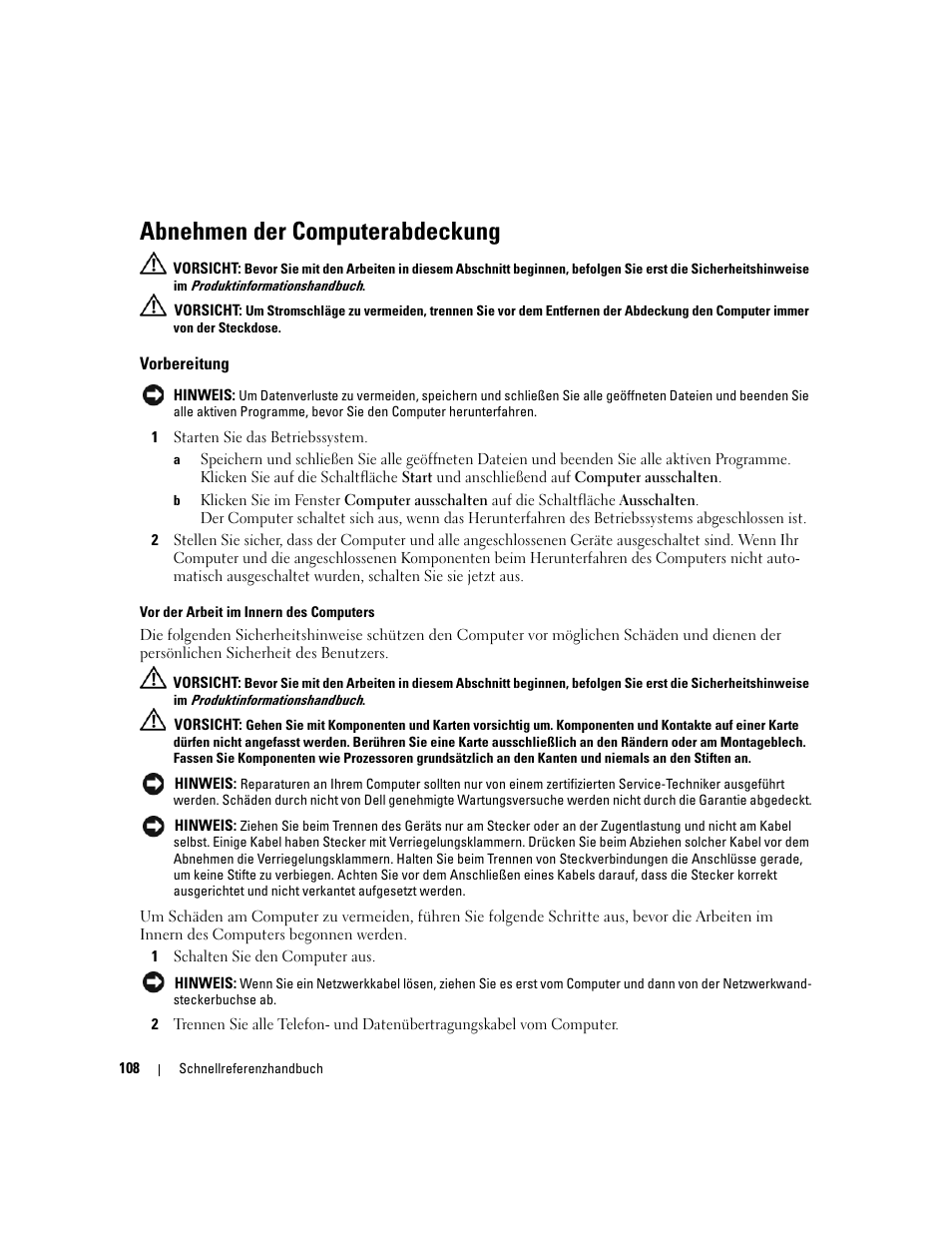 Abnehmen der computerabdeckung, Vorbereitung | Dell OptiPlex 320 User Manual | Page 108 / 266