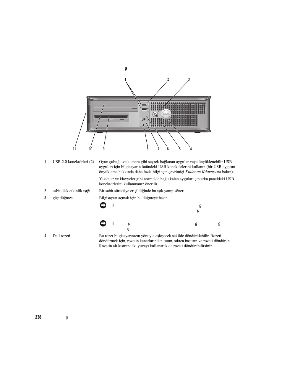 Masaüstü bilgisayar - önden görünüş, Masaüstü bilgisayar — önden görünü | Dell OptiPlex 320 User Manual | Page 238 / 266