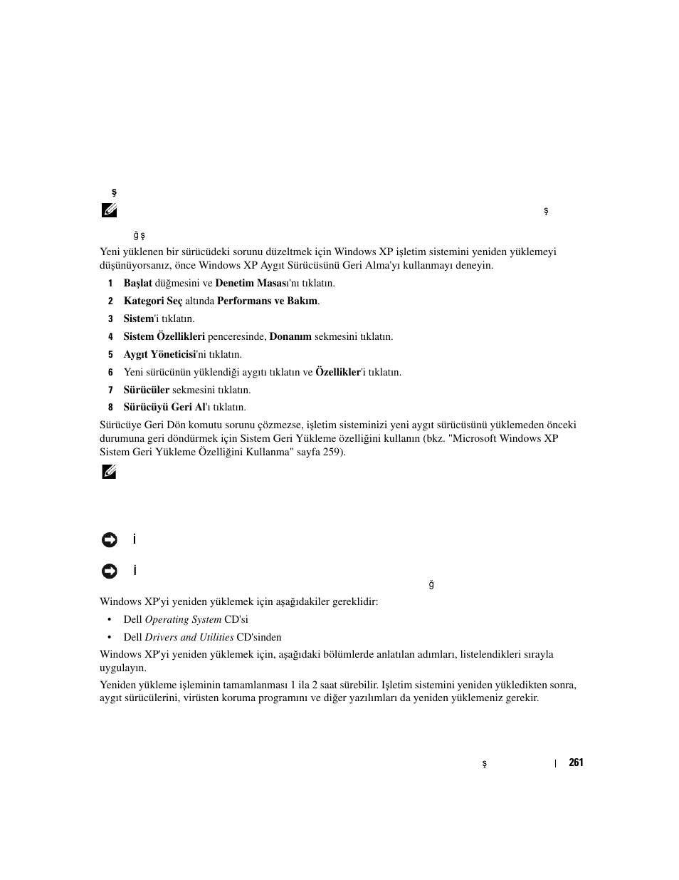 Microsoft windows xp'yi yeniden yükleme | Dell OptiPlex 320 User Manual | Page 261 / 266