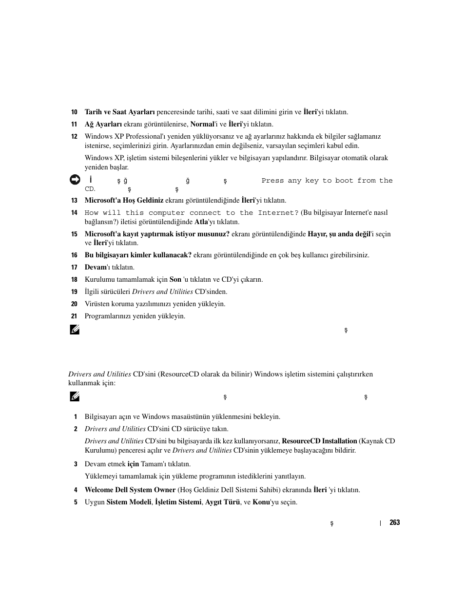 Drivers and utilities cd'sini kullanma | Dell OptiPlex 320 User Manual | Page 263 / 266