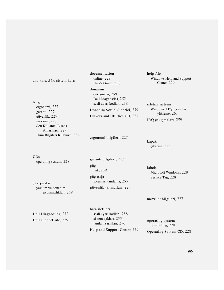 Dizin | Dell OptiPlex 320 User Manual | Page 265 / 266