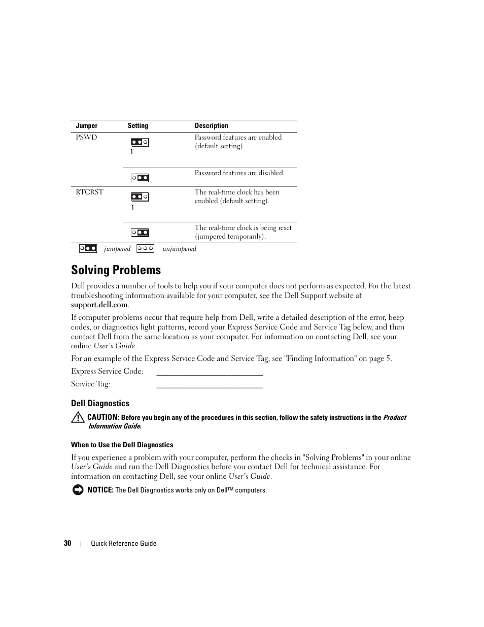 Solving problems, Dell diagnostics | Dell OptiPlex 320 User Manual | Page 30 / 266
