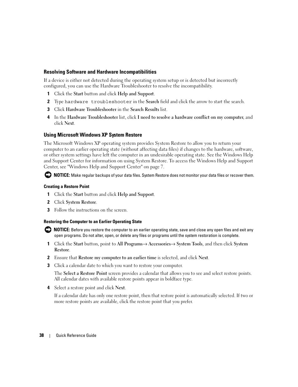 Resolving software and hardware incompatibilities, Using microsoft windows xp system restore | Dell OptiPlex 320 User Manual | Page 38 / 266