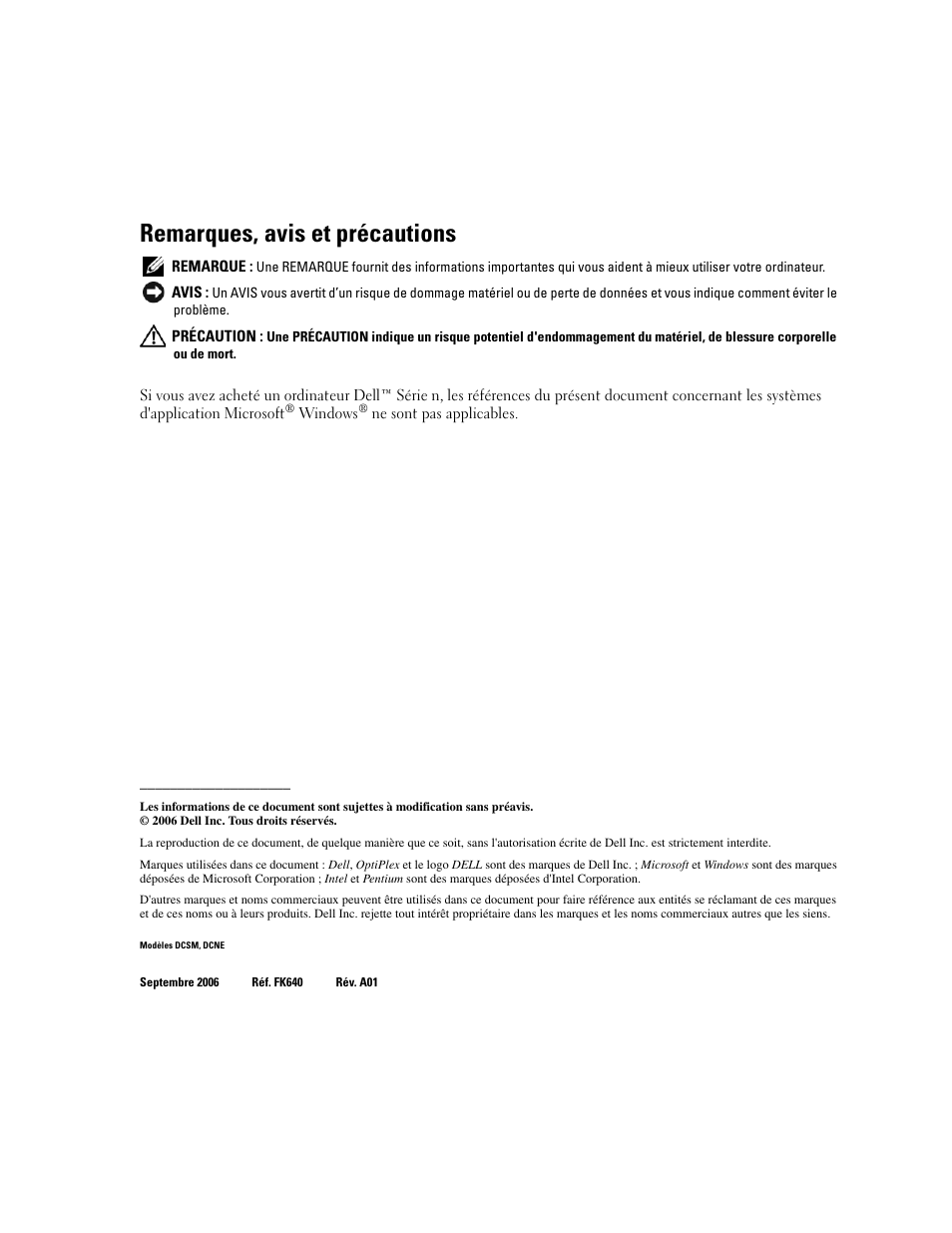 Remarques, avis et précautions | Dell OptiPlex 320 User Manual | Page 46 / 266