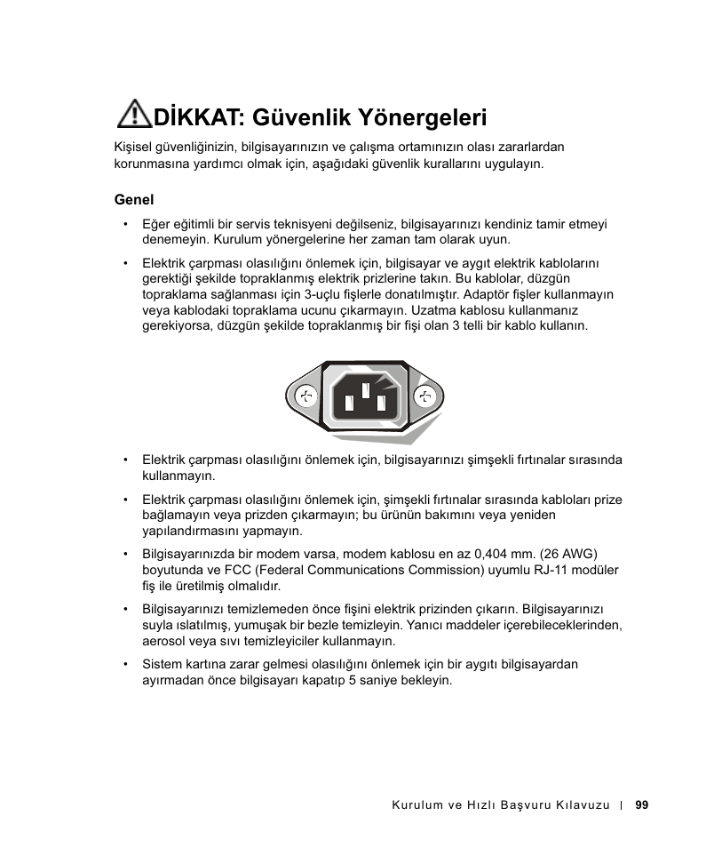 Dikkat: güvenlik yönergeleri, Genel | Dell OptiPlex GX270 User Manual | Page 100 / 106