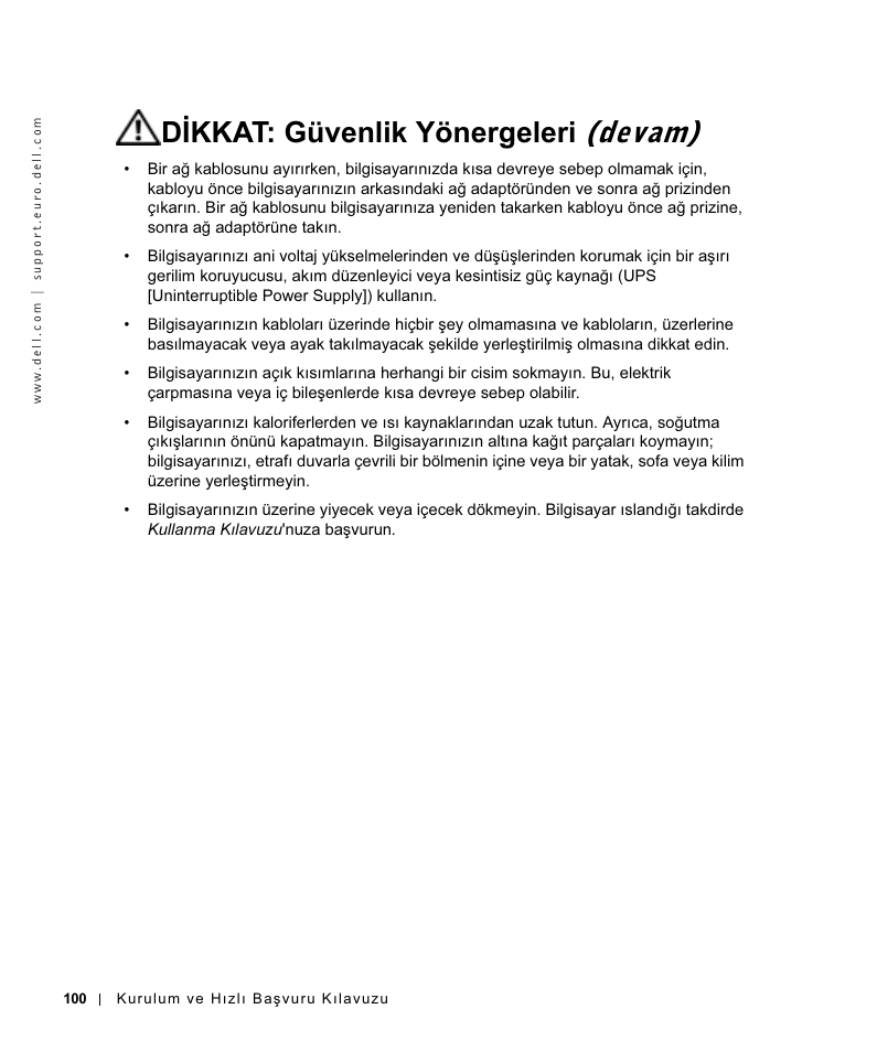 Dikkat: güvenlik yönergeleri (devam) | Dell OptiPlex GX270 User Manual | Page 101 / 106