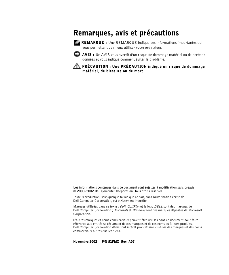 Remarques, avis et précautions | Dell OptiPlex GX270 User Manual | Page 19 / 106