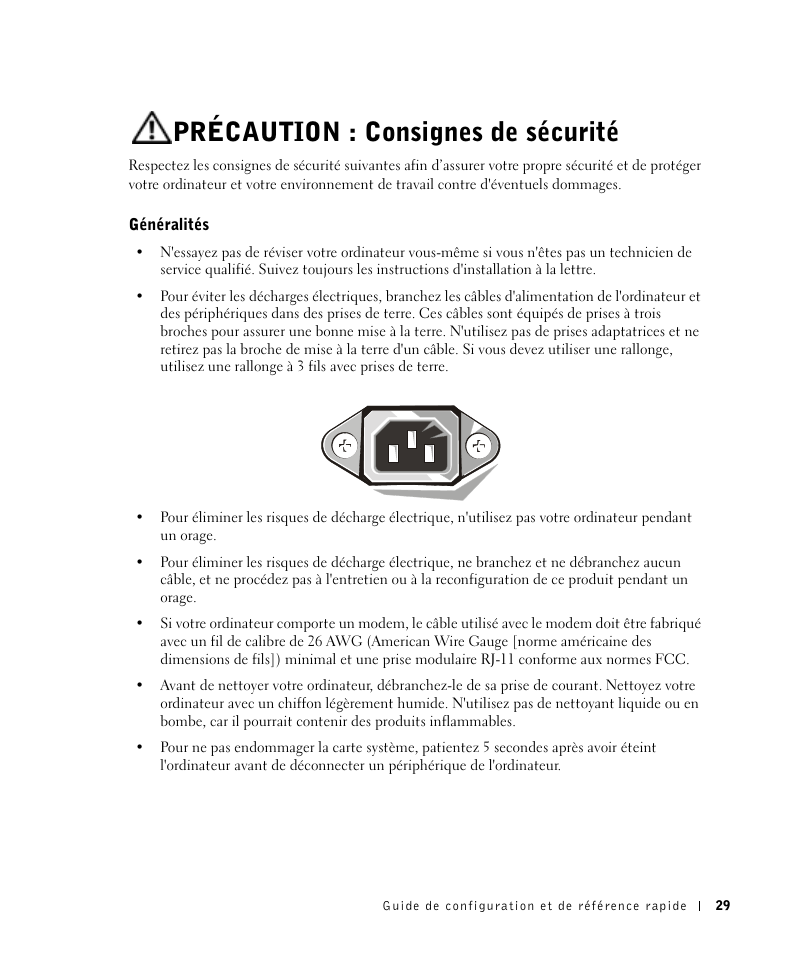 Précaution : consignes de sécurité, Généralités | Dell OptiPlex GX270 User Manual | Page 30 / 106