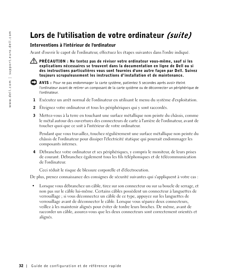 Interventions à l'intérieur de l'ordinateur, Lors de l'utilisation de votre ordinateur (suite) | Dell OptiPlex GX270 User Manual | Page 33 / 106