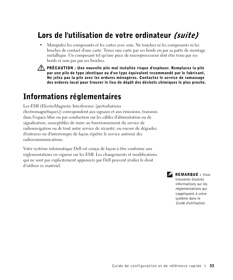 Informations réglementaires, Lors de l'utilisation de votre ordinateur (suite) | Dell OptiPlex GX270 User Manual | Page 34 / 106