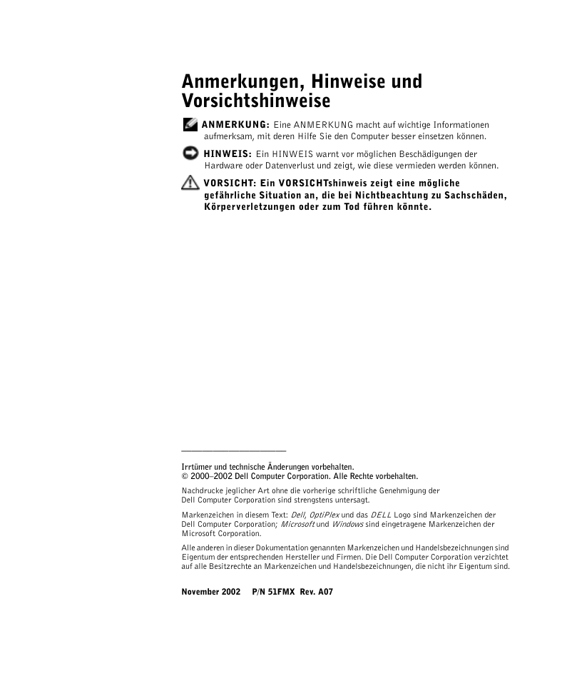 Anmerkungen, hinweise und vorsichtshinweise | Dell OptiPlex GX270 User Manual | Page 37 / 106