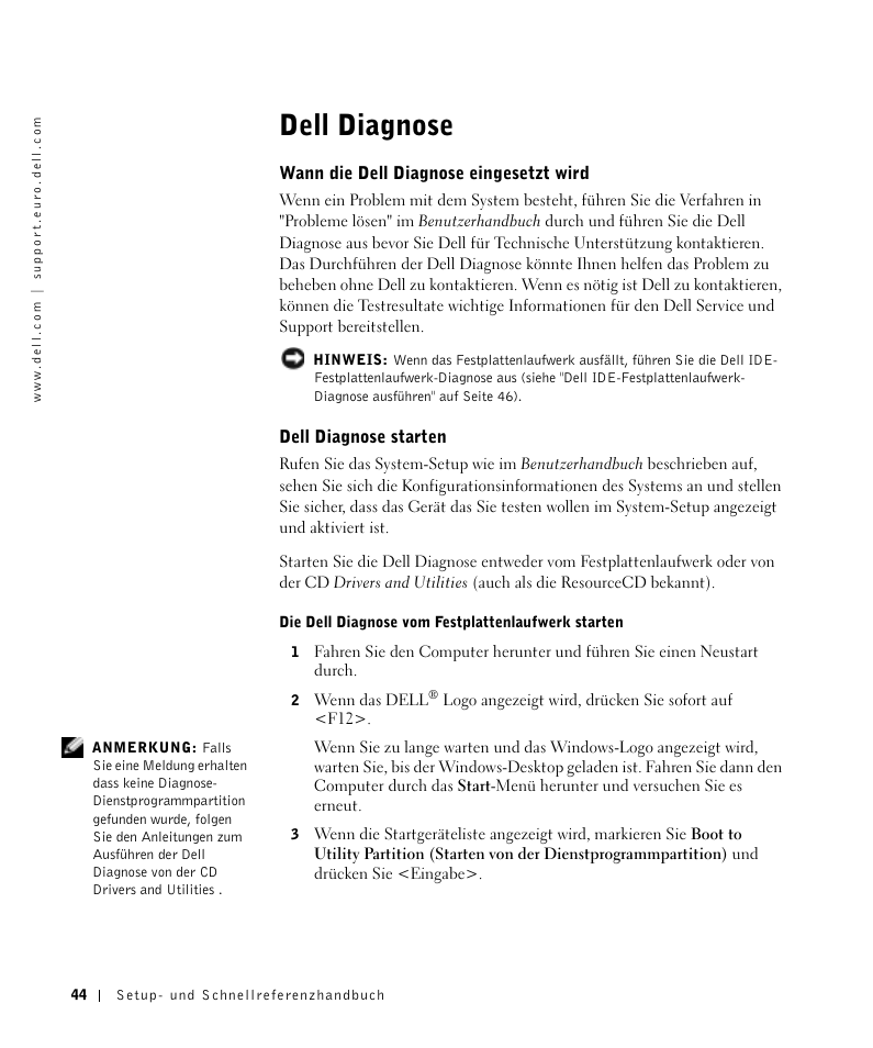 Dell diagnose, Wann die dell diagnose eingesetzt wird, Dell diagnose starten | Dell OptiPlex GX270 User Manual | Page 45 / 106