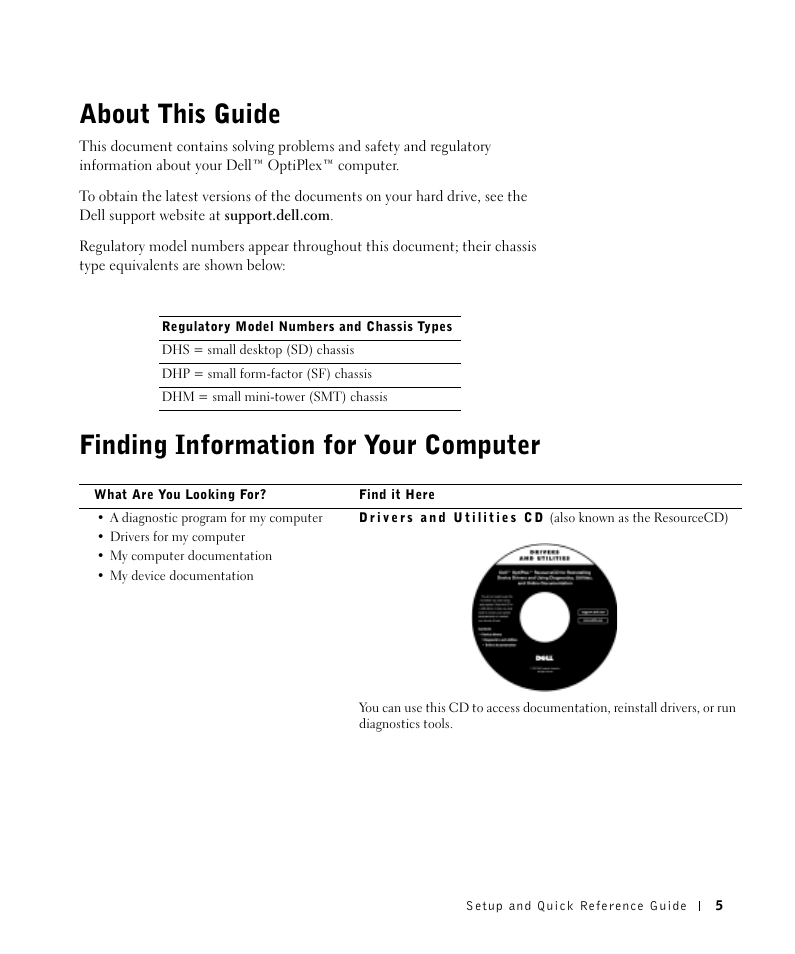 About this guide, Finding information for your computer | Dell OptiPlex GX270 User Manual | Page 6 / 106