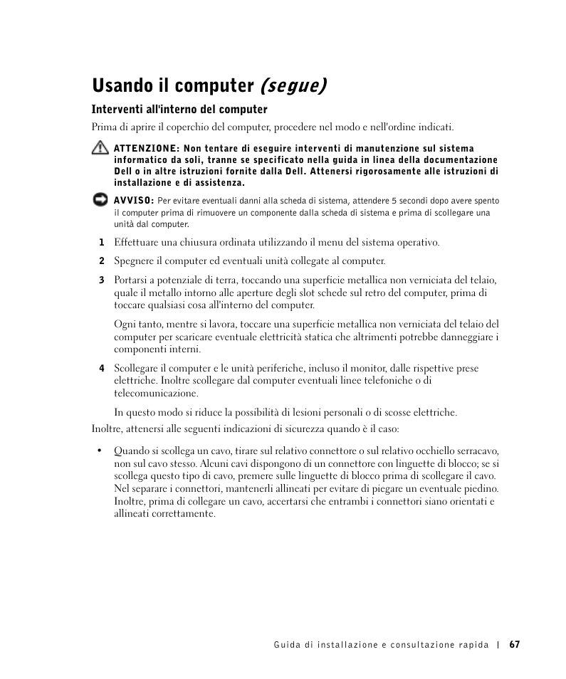 Interventi all'interno del computer, Usando il computer (segue) | Dell OptiPlex GX270 User Manual | Page 68 / 106