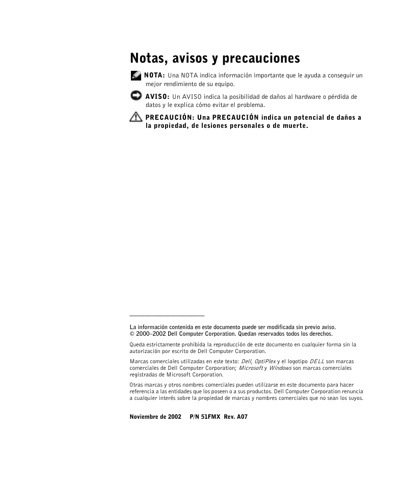 Notas, avisos y precauciones | Dell OptiPlex GX270 User Manual | Page 71 / 106