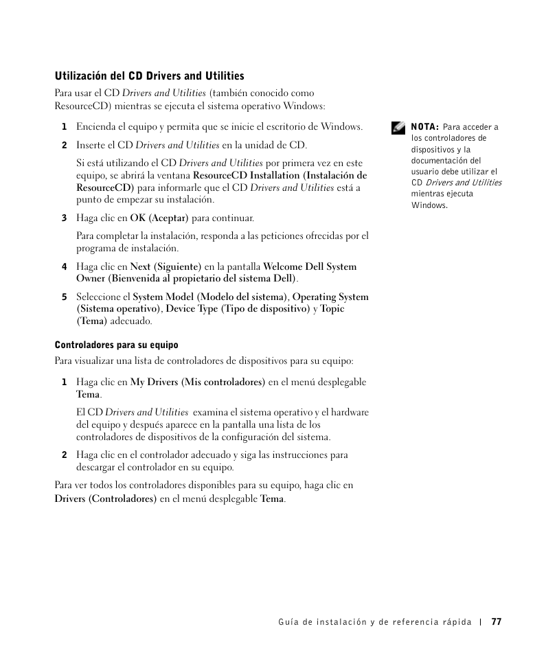 Utilización del cd drivers and utilities | Dell OptiPlex GX270 User Manual | Page 78 / 106