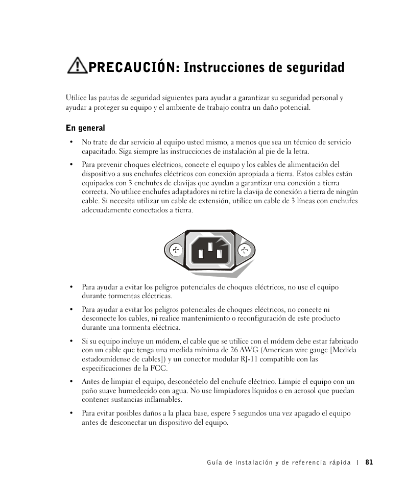 Precaución: instrucciones de seguridad, En general | Dell OptiPlex GX270 User Manual | Page 82 / 106