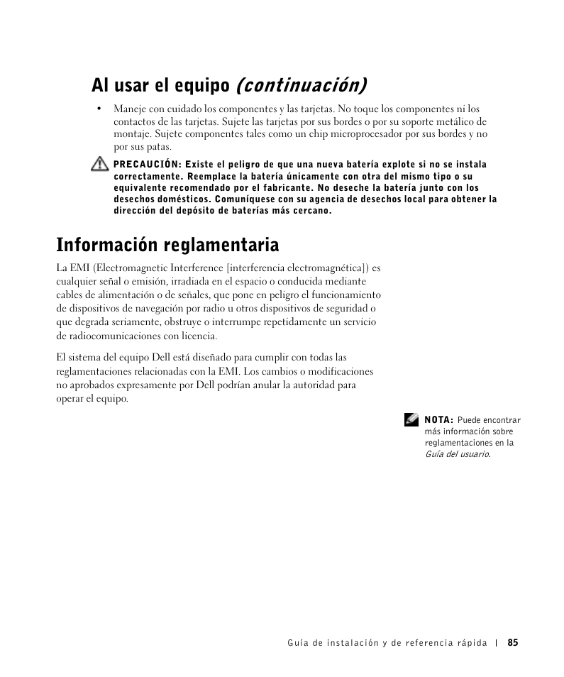 Información reglamentaria, Al usar el equipo (continuación) | Dell OptiPlex GX270 User Manual | Page 86 / 106