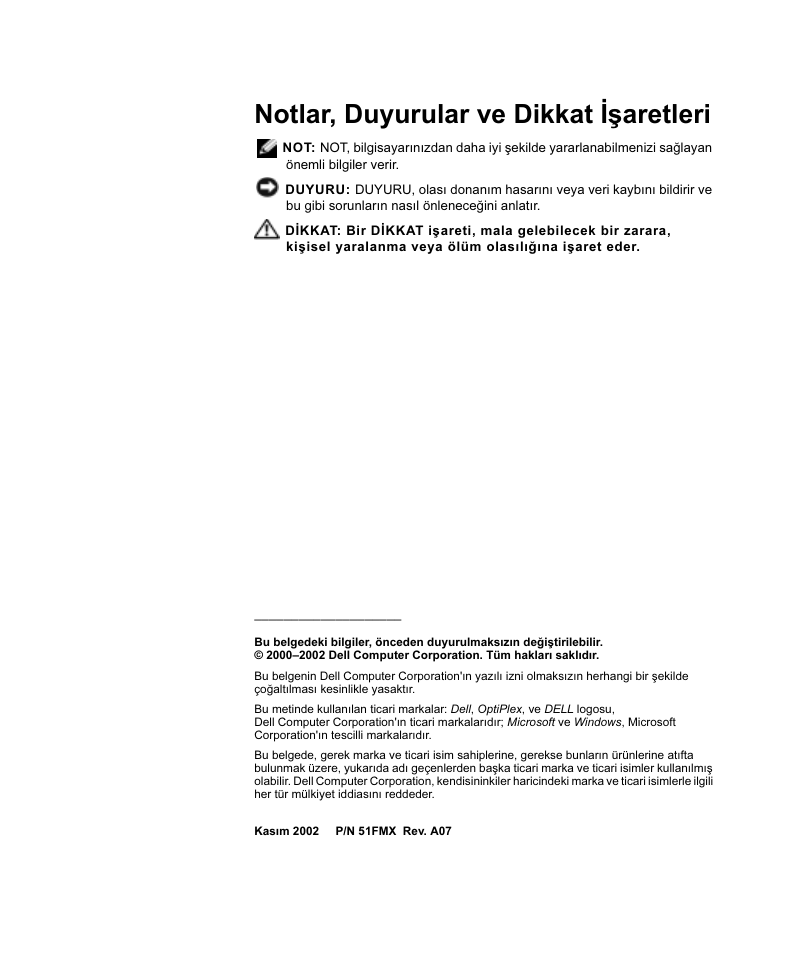 Notlar, duyurular ve dikkat işaretleri | Dell OptiPlex GX270 User Manual | Page 89 / 106