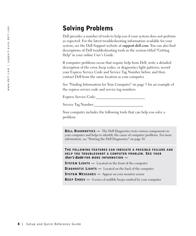 Solving problems | Dell OptiPlex GX270 User Manual | Page 9 / 106