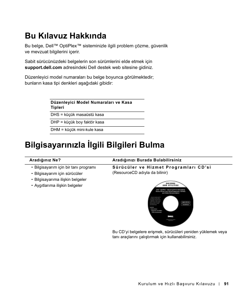 Bu kılavuz hakkında, Bilgisayarınızla ilgili bilgileri bulma | Dell OptiPlex GX270 User Manual | Page 92 / 106