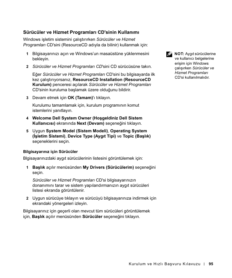 Sürücüler ve hizmet programları cd'sinin kullanımı | Dell OptiPlex GX270 User Manual | Page 96 / 106