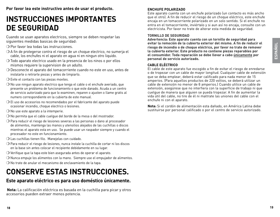 Instrucciones importantes de seguridad, Conserve estas instrucciones | Black & Decker FP2500 User Manual | Page 10 / 21