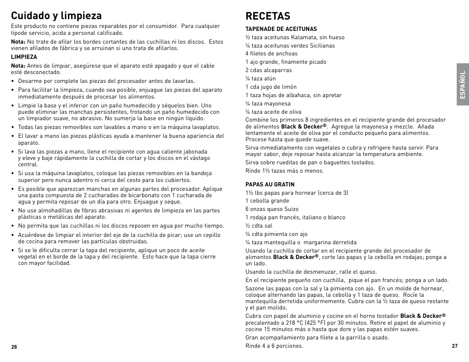 Cuidado y limpieza, Recetas | Black & Decker FP2500 User Manual | Page 14 / 21