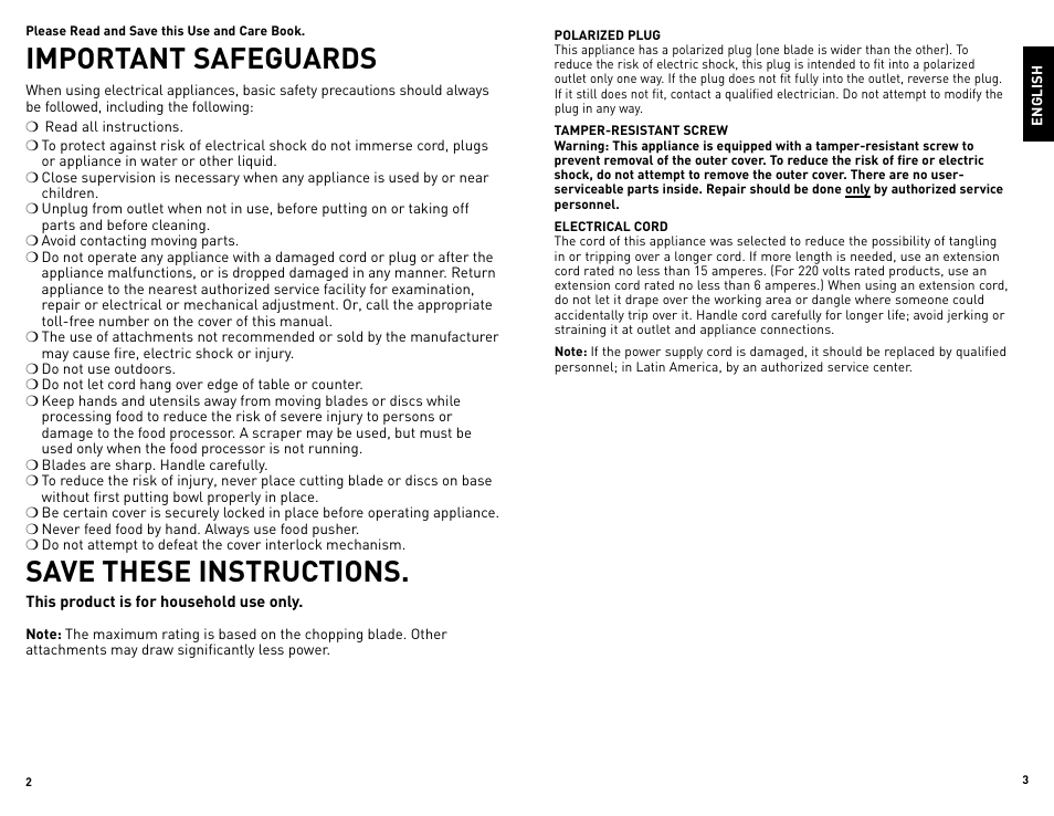 Important safeguards, Save these instructions | Black & Decker FP2500 User Manual | Page 2 / 21