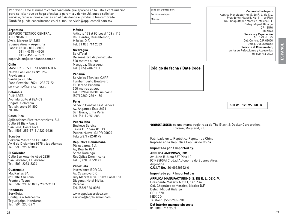 Black & Decker FP2500 User Manual | Page 20 / 21