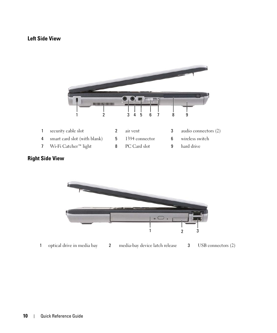 Left side view, Right side view, Left side view right side view | Dell Latitude D631 (Early 2009) User Manual | Page 10 / 166