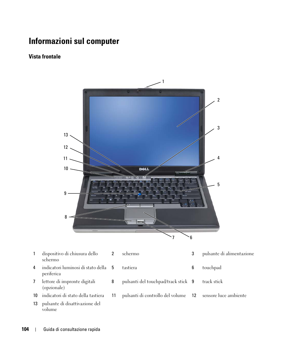 Informazioni sul computer, Vista frontale | Dell Latitude D631 (Early 2009) User Manual | Page 104 / 166