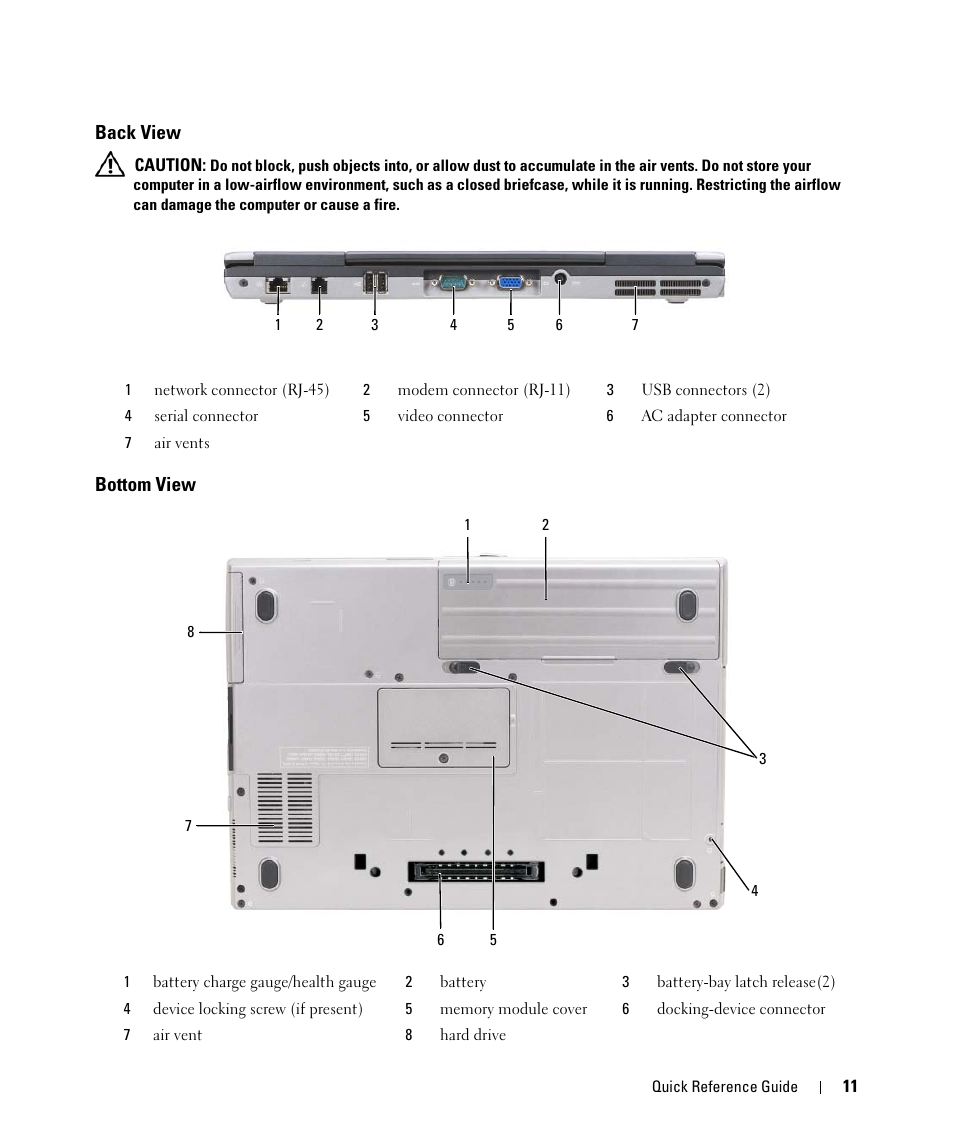 Back view, Bottom view | Dell Latitude D631 (Early 2009) User Manual | Page 11 / 166