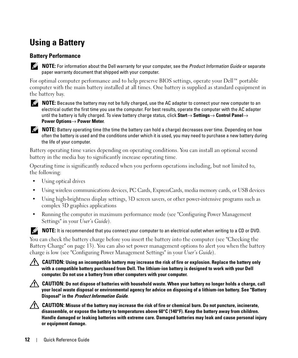 Using a battery, Battery performance | Dell Latitude D631 (Early 2009) User Manual | Page 12 / 166