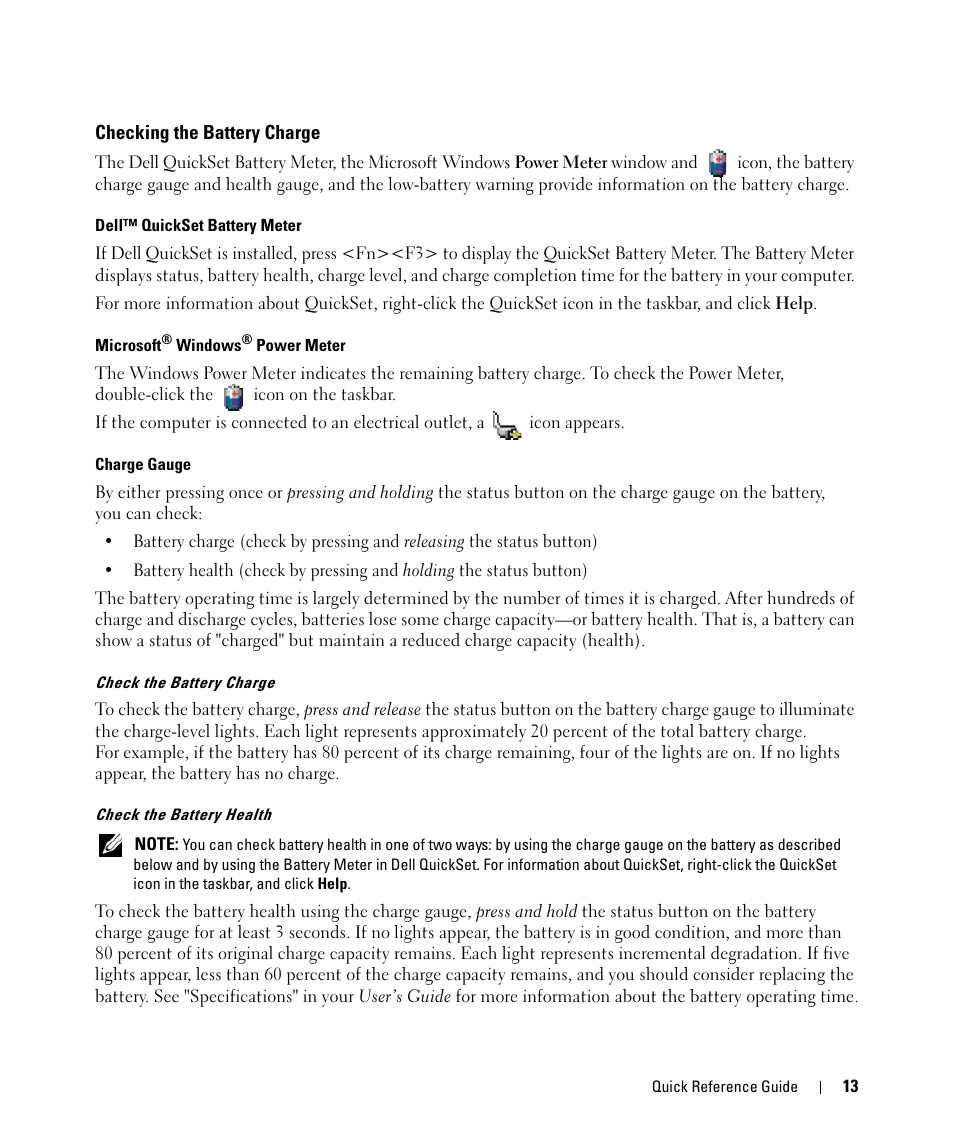 Checking the battery charge | Dell Latitude D631 (Early 2009) User Manual | Page 13 / 166