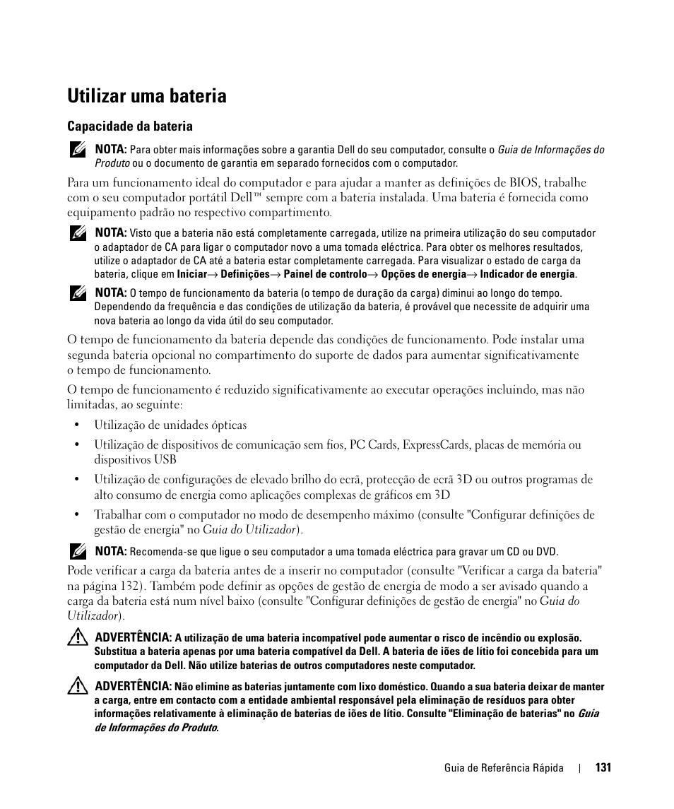 Utilizar uma bateria, Capacidade da bateria | Dell Latitude D631 (Early 2009) User Manual | Page 131 / 166