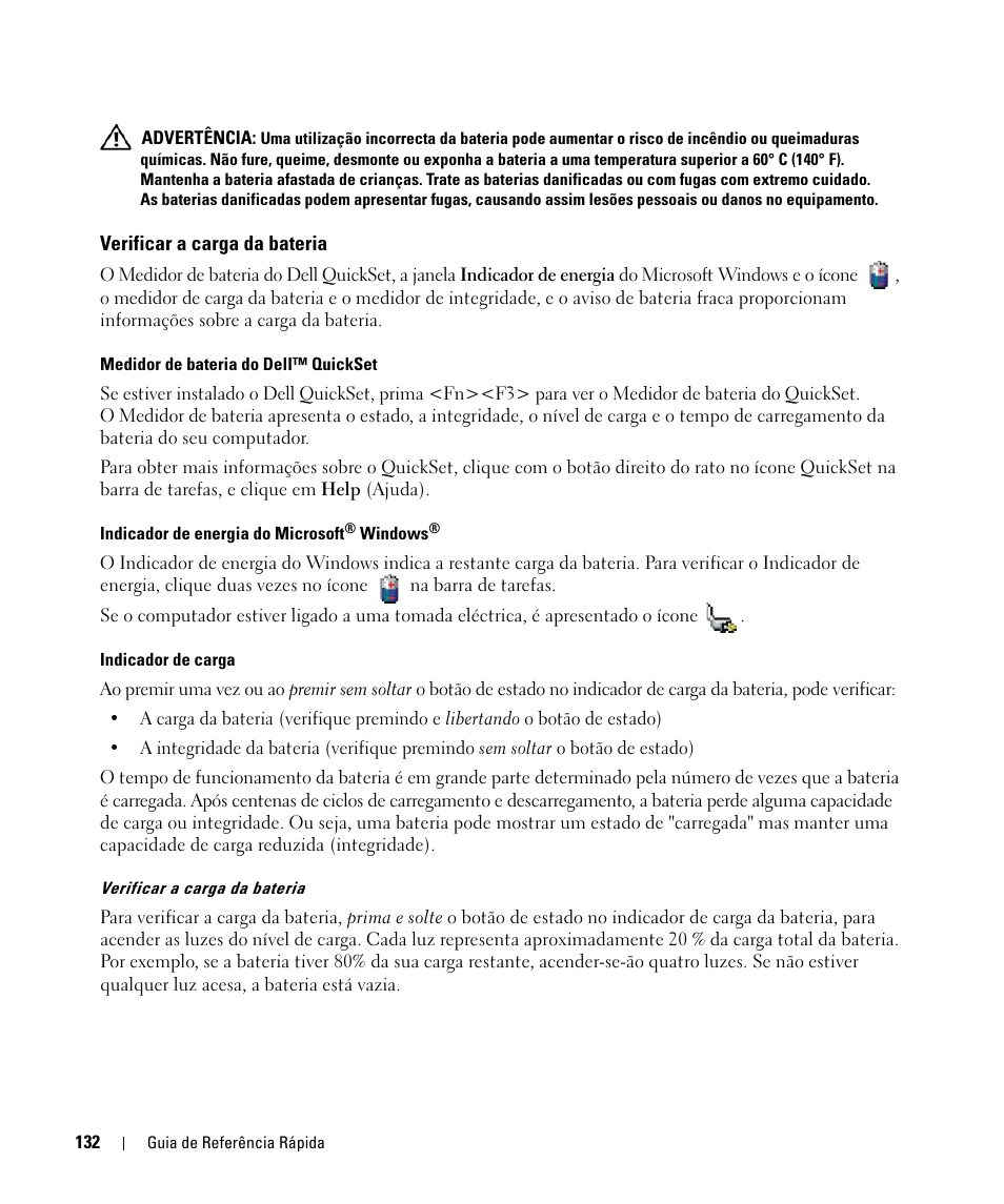 Verificar a carga da bateria | Dell Latitude D631 (Early 2009) User Manual | Page 132 / 166