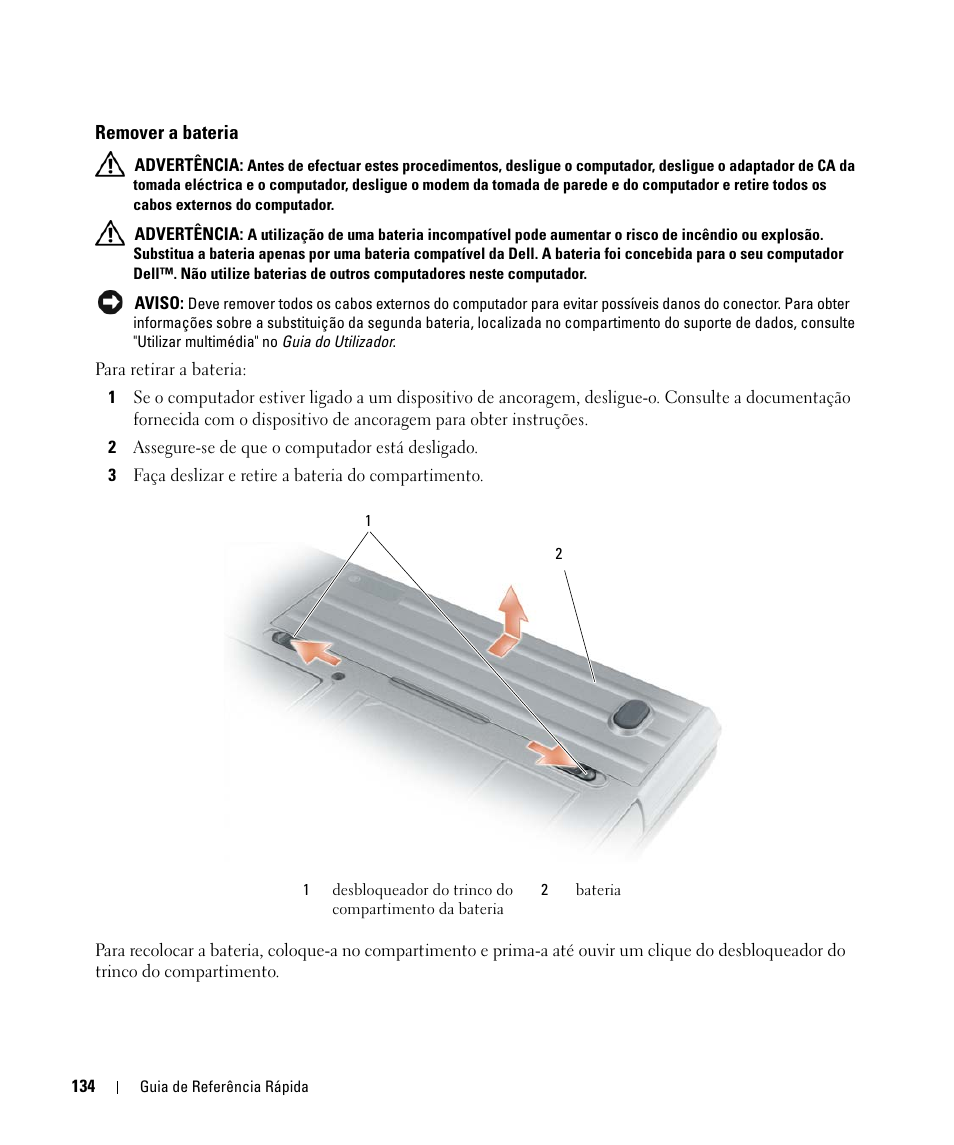 Remover a bateria | Dell Latitude D631 (Early 2009) User Manual | Page 134 / 166